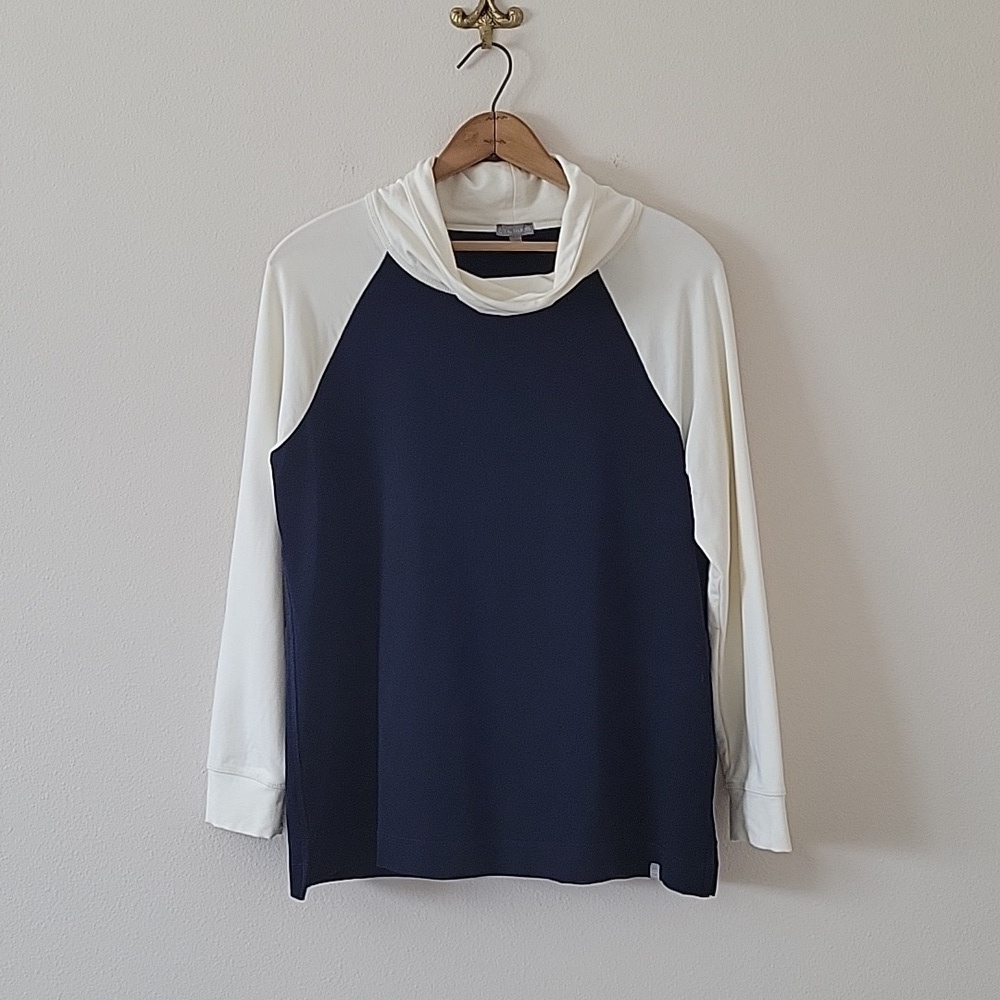 T by Talbots Navy Funnel Neck Pullover Size Large Petite LP